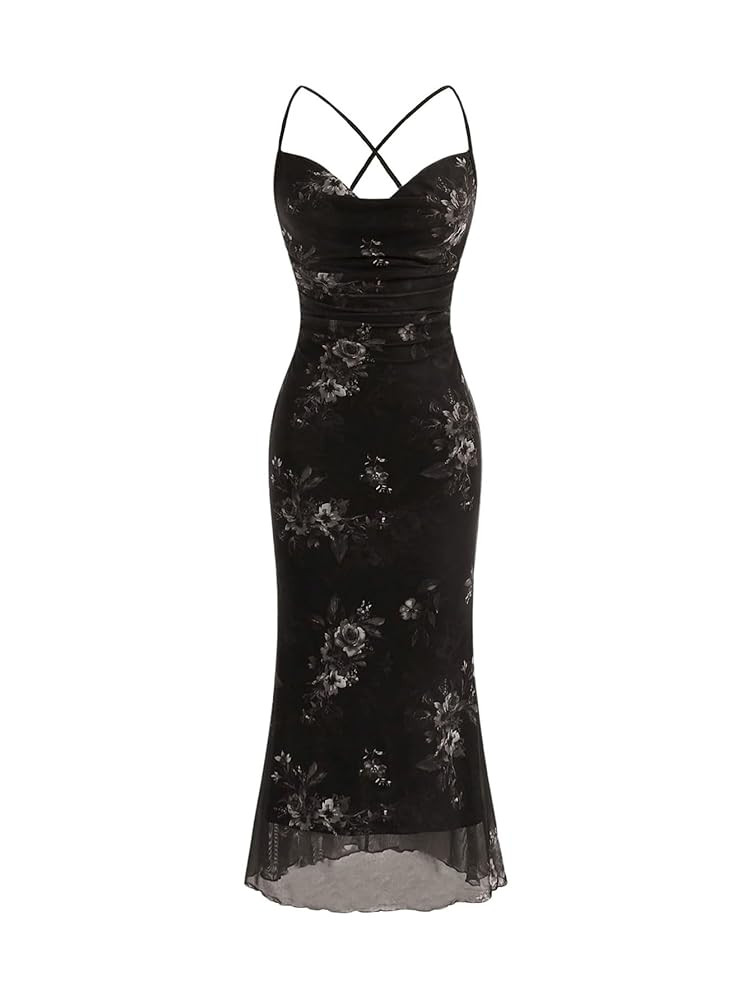 SOLY HUX Women's Floral Mesh Bodycon Cami Dress Cowl Neck Sleeveless Cocktail Party Wedding Guest... | Amazon (US)