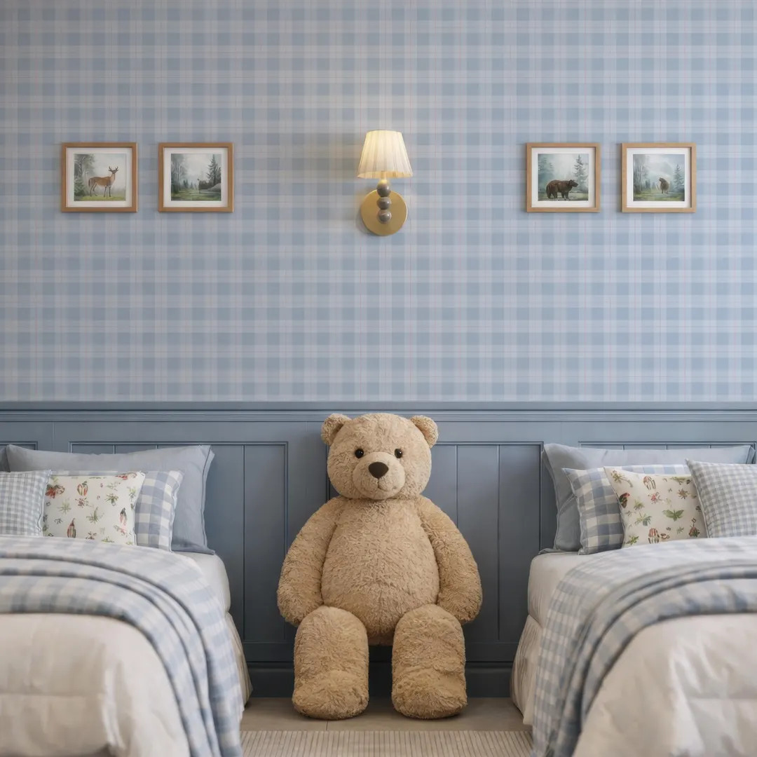 Blue Gingham Wallpaper, Light Blue Checkered Wallpaper, Cottage Bedroom Wall Decor, Vintage Farmh... | Etsy (US)