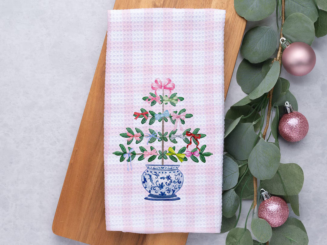 Preppy Pink Christmas Tree Towel, Chinoiserie Grandmillenial Kitchen Bar Towel, Pretty Coquette H... | Etsy (US)