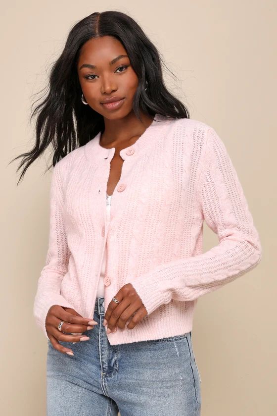 Wondrously Cozy Light Pink Cable Knit Button-Up Cardigan Sweater | Lulus (US)