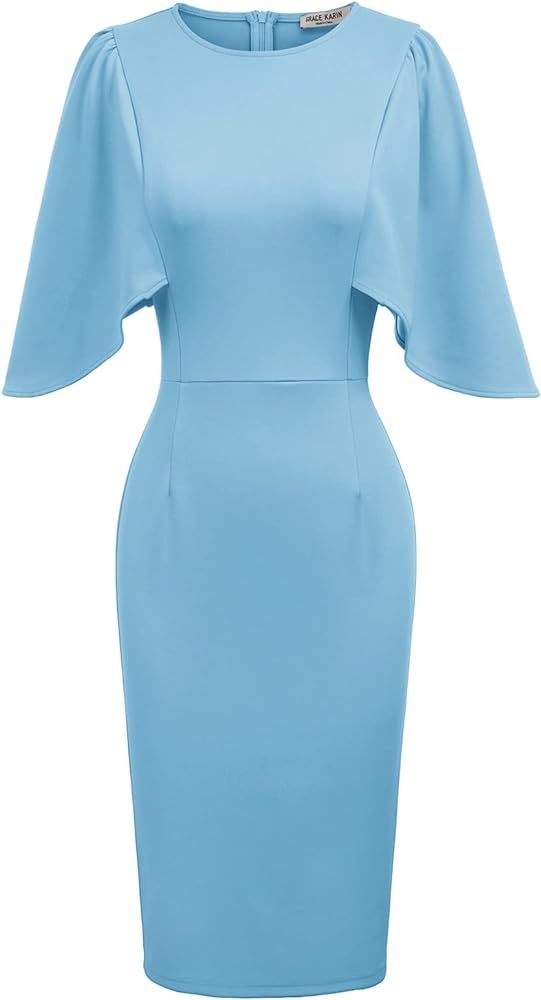 GRACE KARIN Women 3/4 Ruffle Sleeve Slim Fit Business Pencil Dress | Amazon (US)