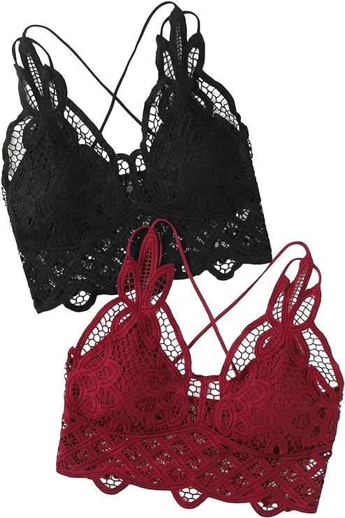 Floerns Women's Sexy Lace V Neck Criss Cross Back Bralette Crop Top | Amazon (US)