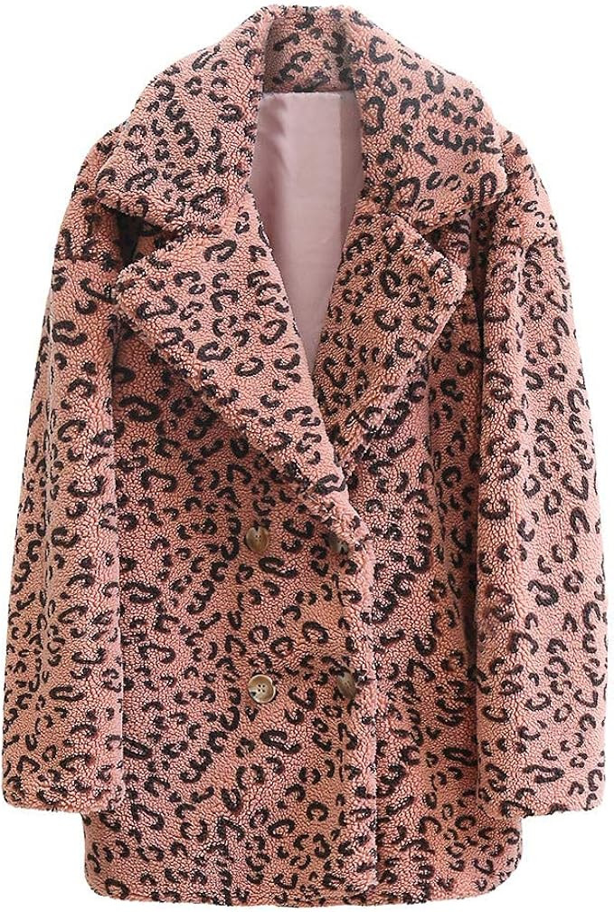Sunmoot 2018 New Women Casual Warm Winter Long Lapel Leopard Print Faux Fur Coat | Amazon (US)