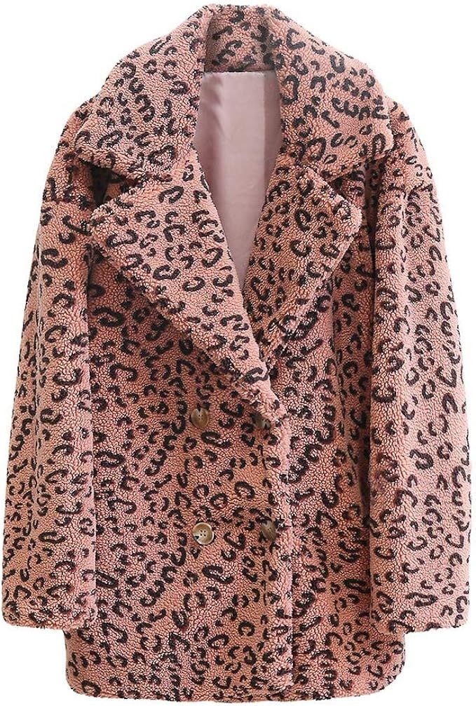 Sunmoot 2018 New Women Casual Warm Winter Long Lapel Leopard Print Faux Fur Coat | Amazon (US)