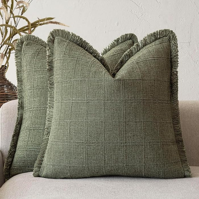 Foindtower Set of 2 Decorative Linen Check Fringe Throw Pillow Covers Farmhouse Vintage Cushion Covers Modern Boho Home Decor for Sofa Chair Couch Bedroom Living Room,18×18 Inch,Olive Green | Amazon (US)