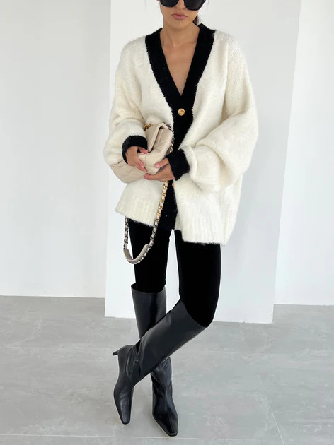 Boyfriend Oversized Cardigan | Ivory & Black | Vita Grace