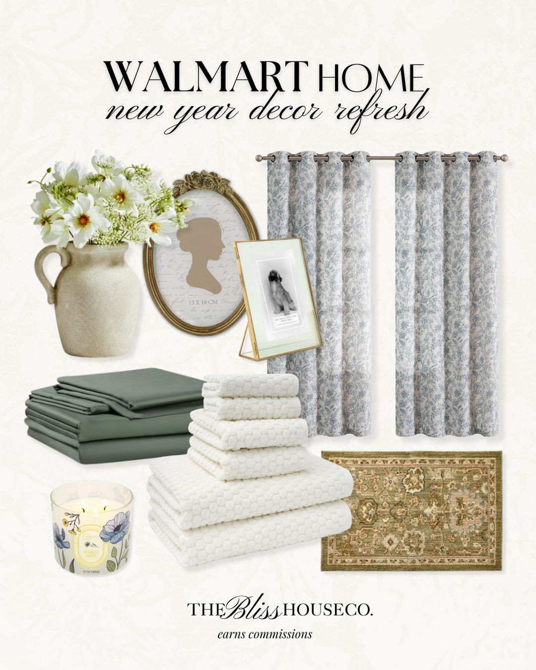 New Year decor refresh from Walmart! Affordable home finds, living room, vintage inspired, curtains, frame, towels, sheets, candle, rug, floral vase.

Walmart home 

 #LTKHome #LTKFindsUnder50