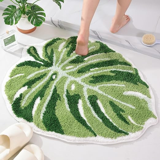 Panstar Green Leaf Mat, Large Monstera Cute Non Slip Palm Shaped Plush Fun Kitchen, Bathroom Bath... | Amazon (US)