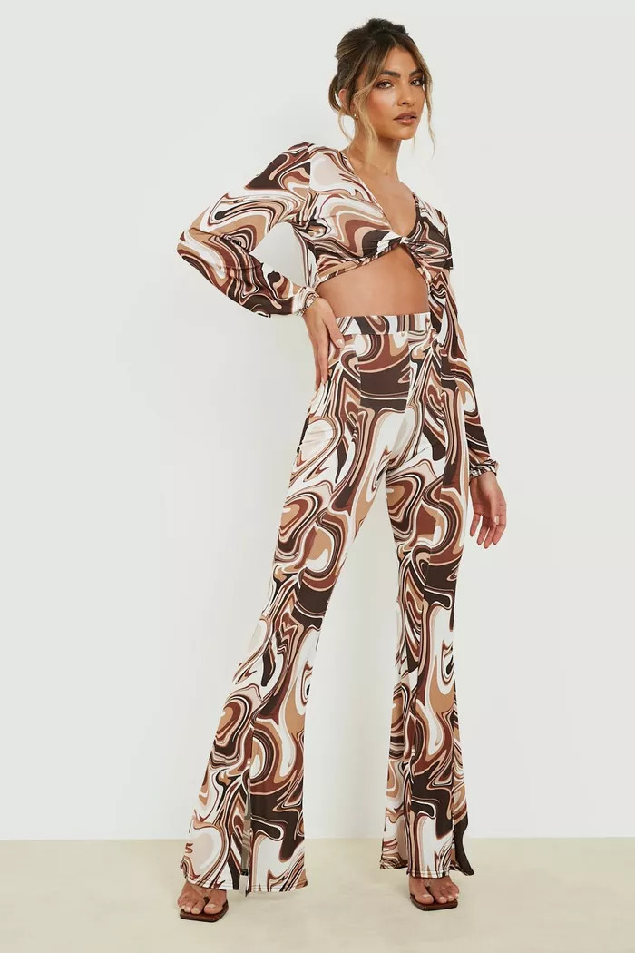 Marble Slinky Split Hem Flare Trouser | boohoo (US & Canada)