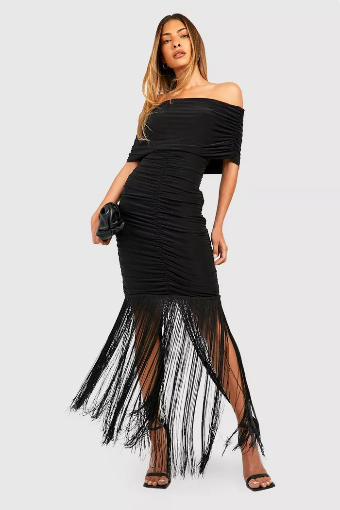 Double Slinky Ruched Tassel Off The Shoulder Mini Dress | boohoo (US & Canada)