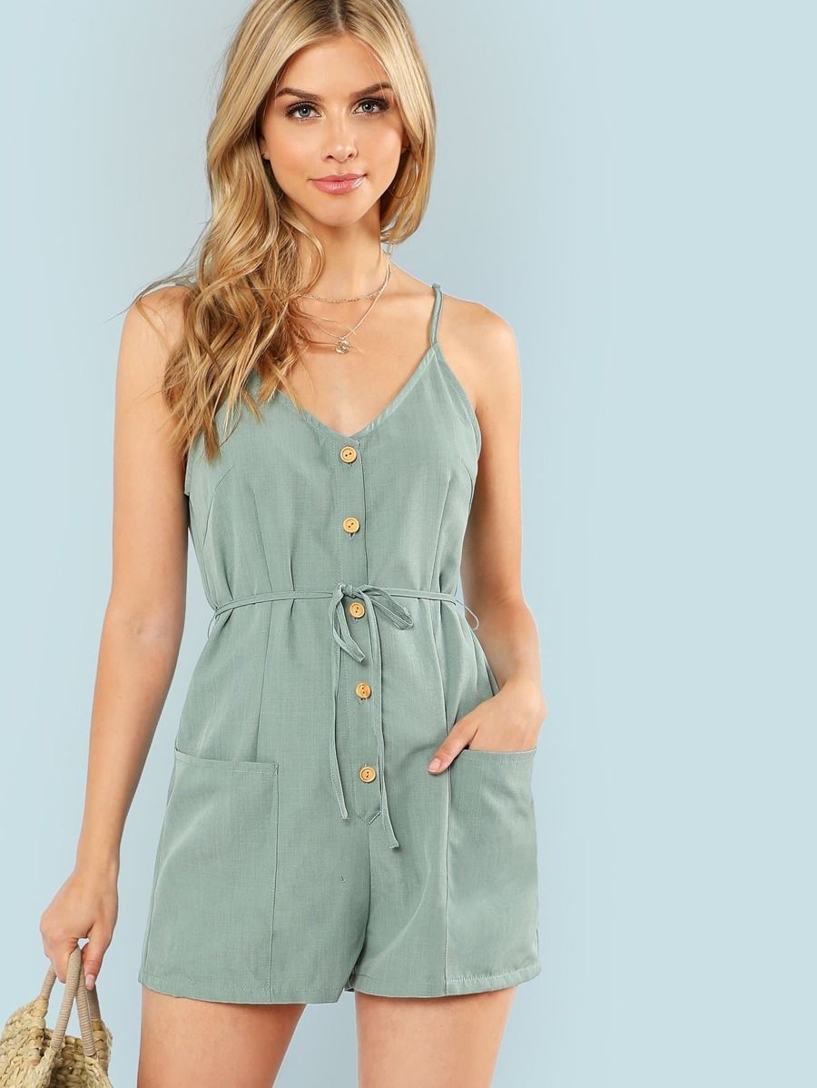 Button Detail Cami Romper | SHEIN