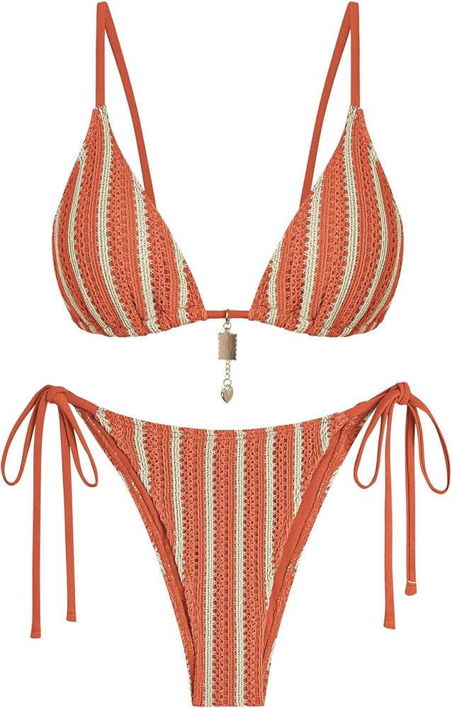 ZAFUL Crochet Bikini Sets for Women Cheeky Boho Bathing Suits Striped Brazilian High Cut Thong Bi... | Amazon (US)