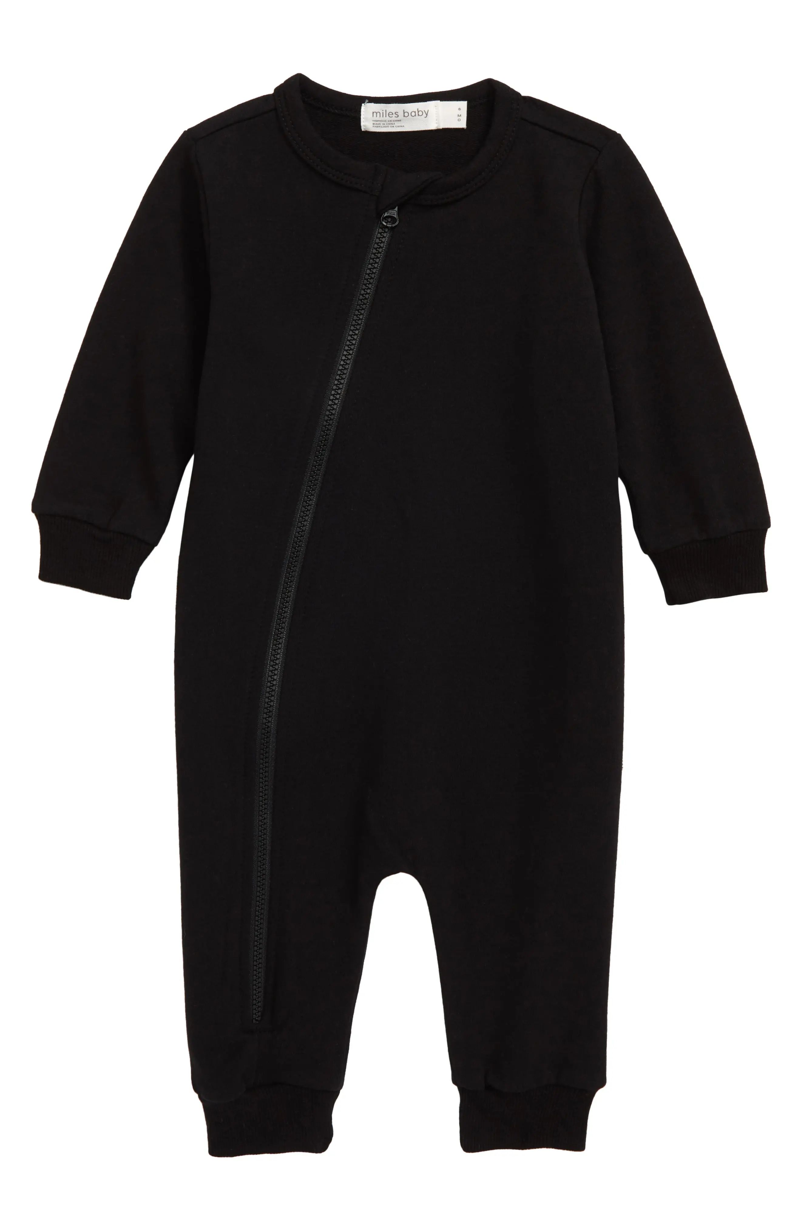 MILES THE LABEL miles baby Asymmetrical Zip Romper in Black at Nordstrom, Size 9M | Nordstrom