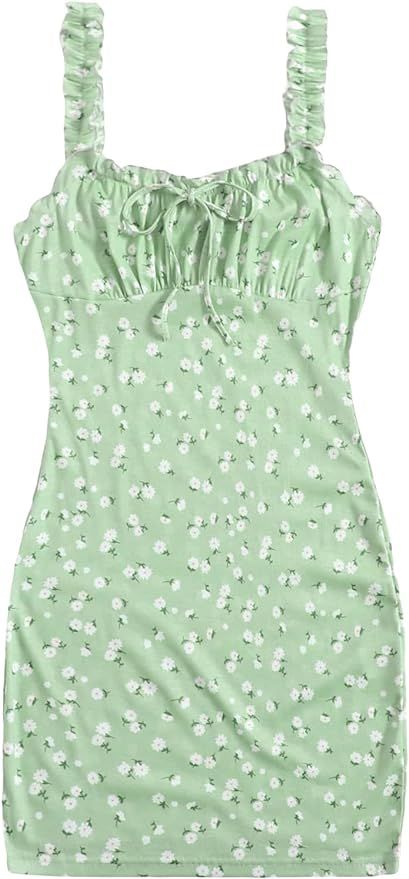 Floerns Women's Disty Floral Frill Trim Tie Front Ruched Bust Mini Bodycon Dress | Amazon (US)