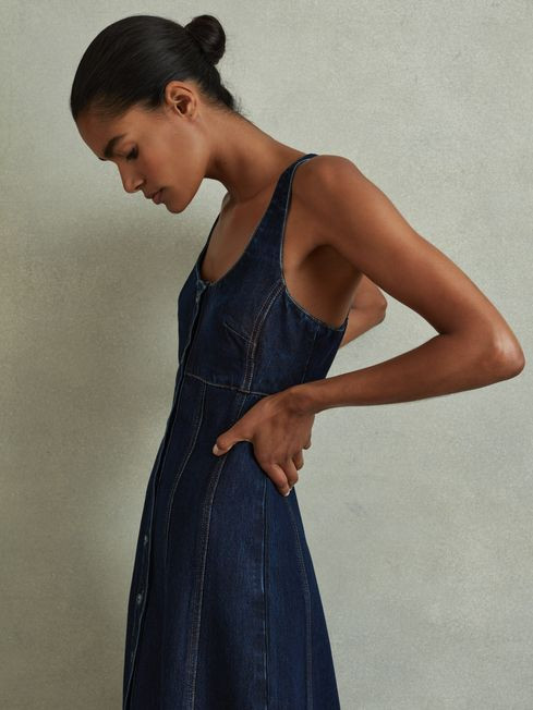 Lyle Dark Blue A-Line Viscose Blend Denim Midi Dress | Reiss UK