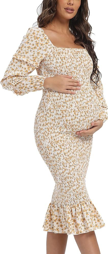 Spring Floral Midi Bodycon Maternity Dresses, Long Puff Sleeve Square Neck Ruffle Hem Mermaid Bab... | Amazon (US)