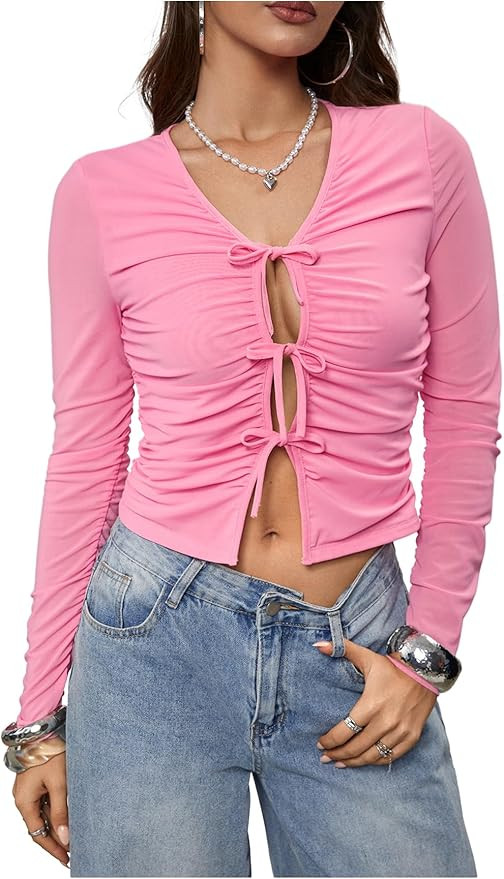 OYOANGLE Women's Tie Front Long Sleeve Shirt Y2k Crop Top Cut Out Fitted Mesh Blouse Going Out | Amazon (US)