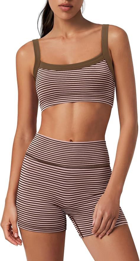 Womens Striped Workout Set Two Piece Yoga Sets Padded Tank Tops and High Waisted Biker Shorts wit... | Amazon (US)