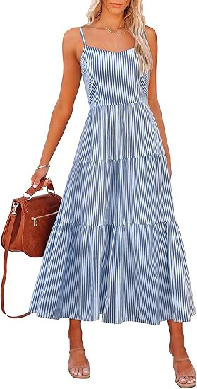 ANRABESS Womens Summer Midi Dresses Casual Striped Plaid Sleeveless Flowy Maxi Dress 2026 Beach V... | Amazon (US)