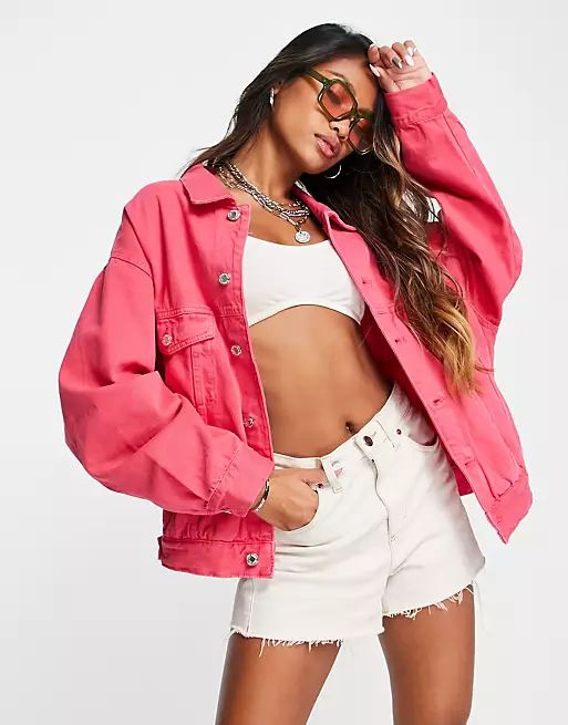 Bershka oversized denim jacket in bright pink | ASOS (Global)