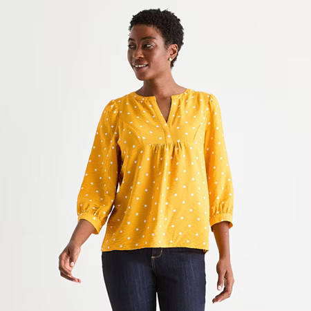St. John's Bay Womens Split Crew Neck 3/4 Sleeve Blouse, Petite Medium, Yellow | JCPenney