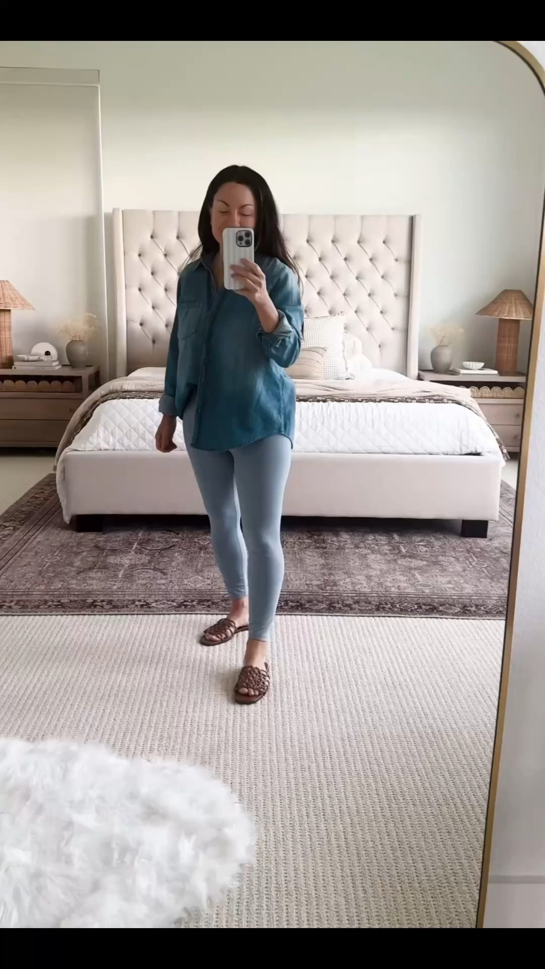 Easy everyday outfit that feels put together without trying too hard 🤍 This lightweight denim button down is one of those pieces I keep reaching for because it works with leggings, shorts, denim and travel days. Paired with buttery soft leggings and neutral designer inspired slides for an easy casual look you can wear for errands, coffee runs or everyday life. Save & Follow me on LTK for daily fashion, home decor & Amazon finds.

#LTKootd #LTKvlog #LTKstorytime