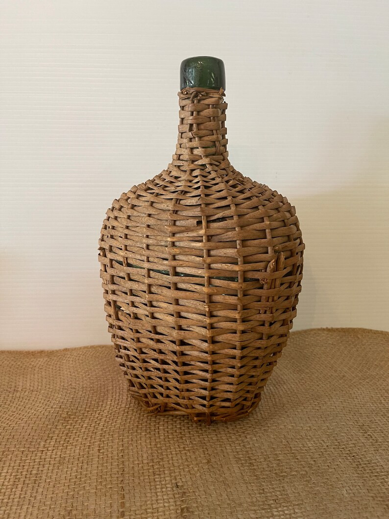 Vintage Wicker Demijohn Large Wine Bottle Dark Green Glass | Etsy (US)