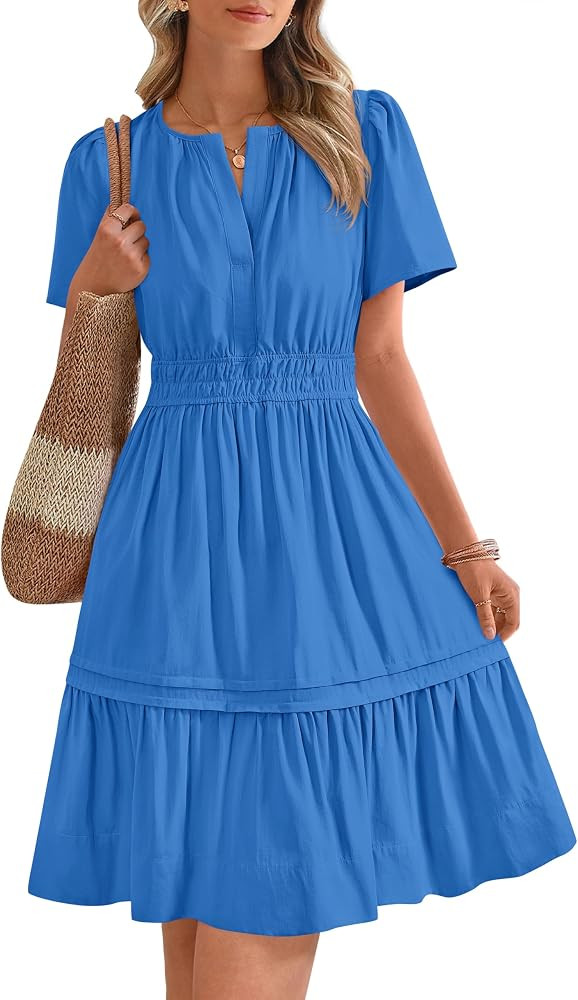 BTFBM Women's Casual Dresses 2025 Summer Spring V Neck Short Sleeve Sundress Smocked Waist A Line... | Amazon (US)