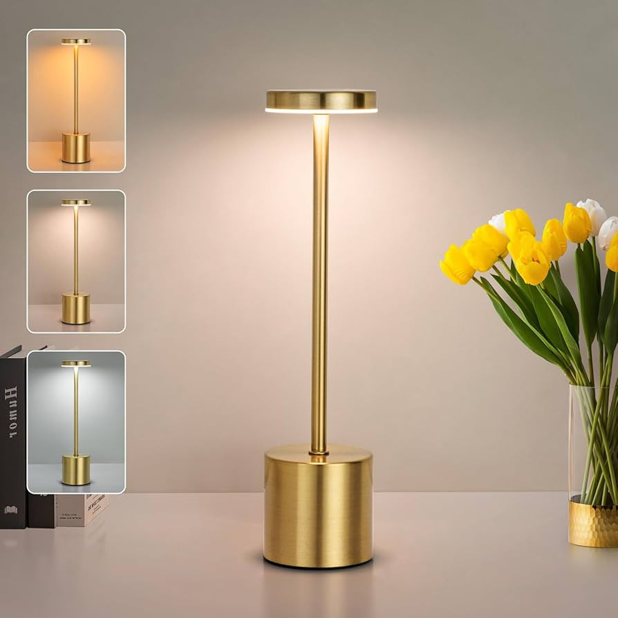 Gold Cordless Table Lamp,Rechargeable 4000mAH Battery Operated Touch Desk Lamp,3 Color Stepless D... | Amazon (US)