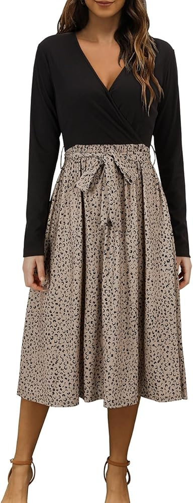 OUGES Womens' Fall Dress 2023 Long Sleeve V Neck Ribbed Business Casual Outfits Teacher Midi Mate... | Amazon (US)