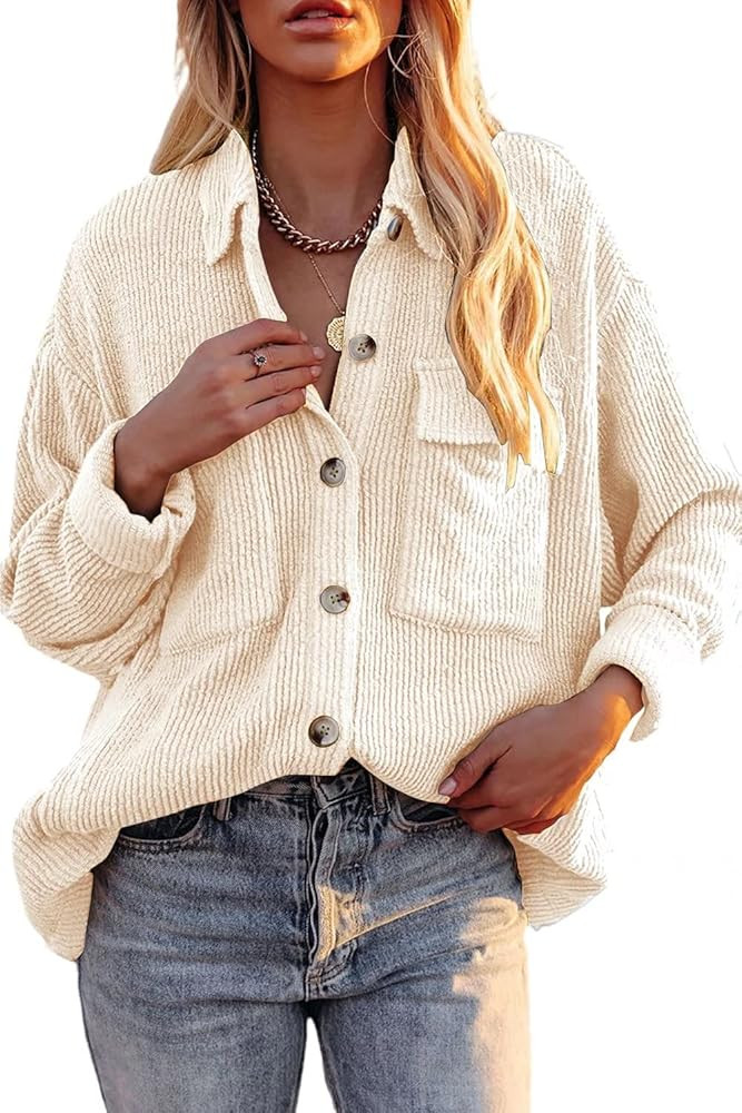 ZOLUCKY Womens Corduroy Button Down Shirts Casual Long Sleeve Shacket Jacket Boyfriend Blouses Tops | Amazon (US)