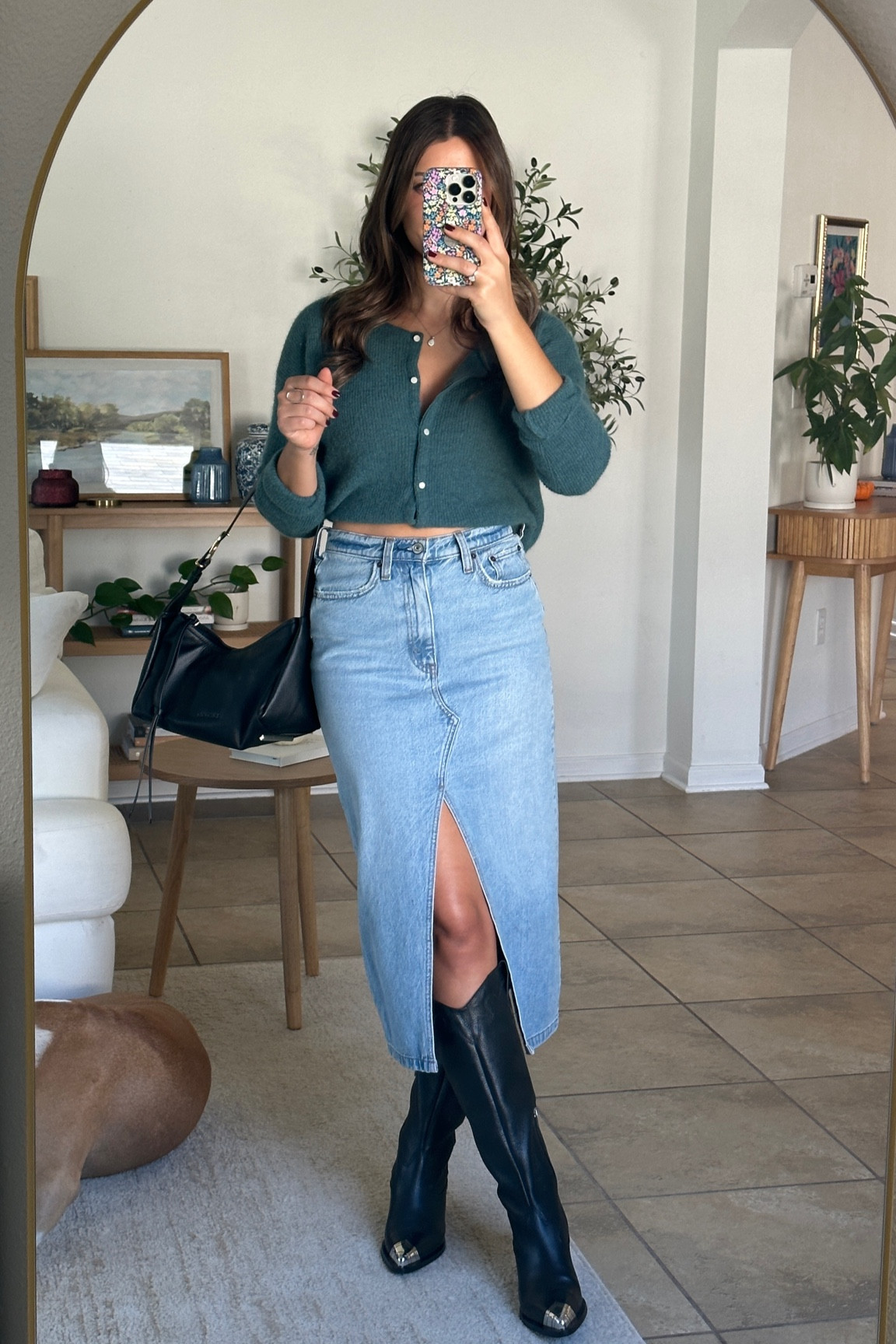 Long Denim Skirt Midi Skirt And Boots Outfit Jean Skirt With