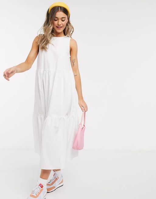 ASOS DESIGN sleeveless cotton tiered midi dress with open back in white | ASOS (Global)