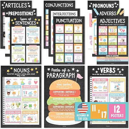 Parts of Speech Posters for Classroom Must Haves -12 English Grammar Posters, Writing Process Lan... | Amazon (US)