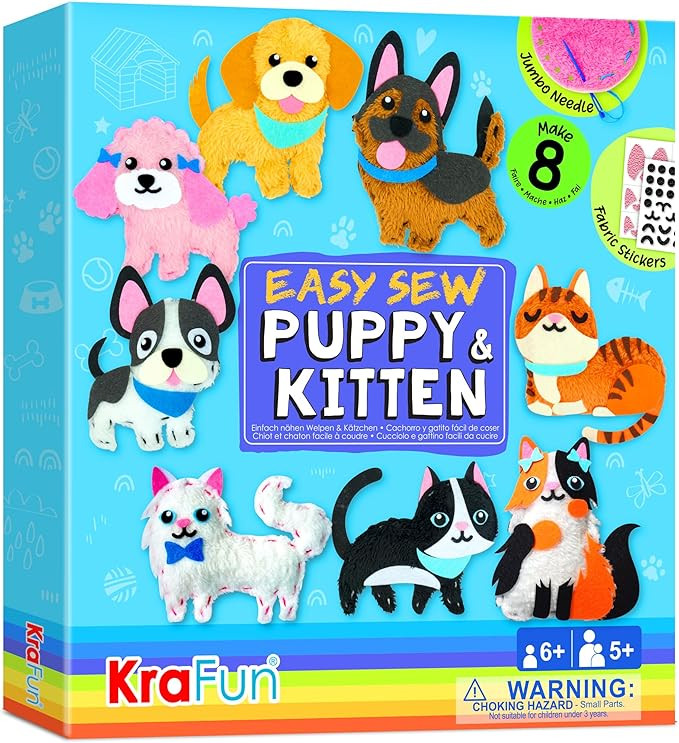 KRAFUN Easy Sewing Kit for Beginner Kids Arts & Crafts, 8 Easy DIY Projects of Stuffed Animal Dol... | Amazon (US)