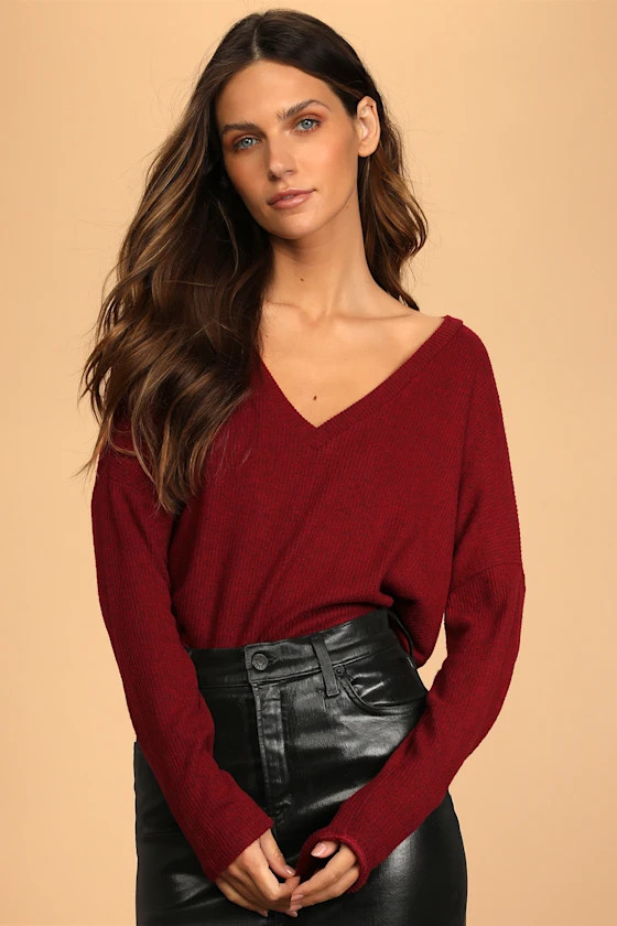 Just Vibing Wine Red Ribbed V-Neck Sweater Top | Lulus