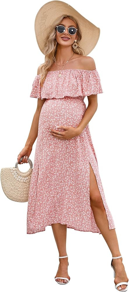 Coolmee Women's Maternity A Line Maxi Split Long Dress      
 Polyester | Amazon (US)