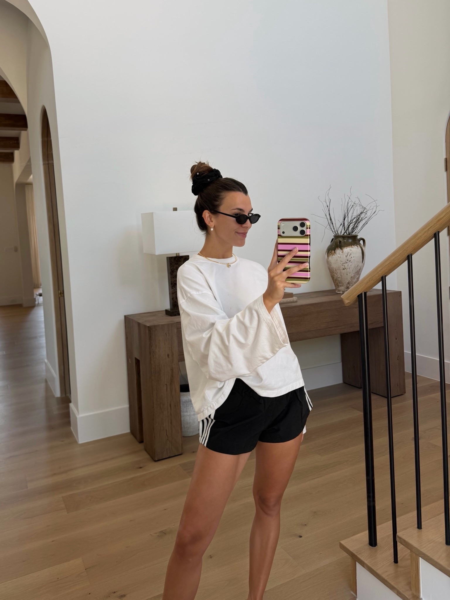 Weekend look! Size small in the tee and M in the amazon track shorts👏🏼 phone case is amazon + amazon accessories!