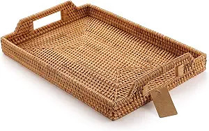 Hand-Woven Rattan Rectangular Serving Tray with Handles for Breakfast, Drinks, Snack for Coffee T... | Amazon (US)