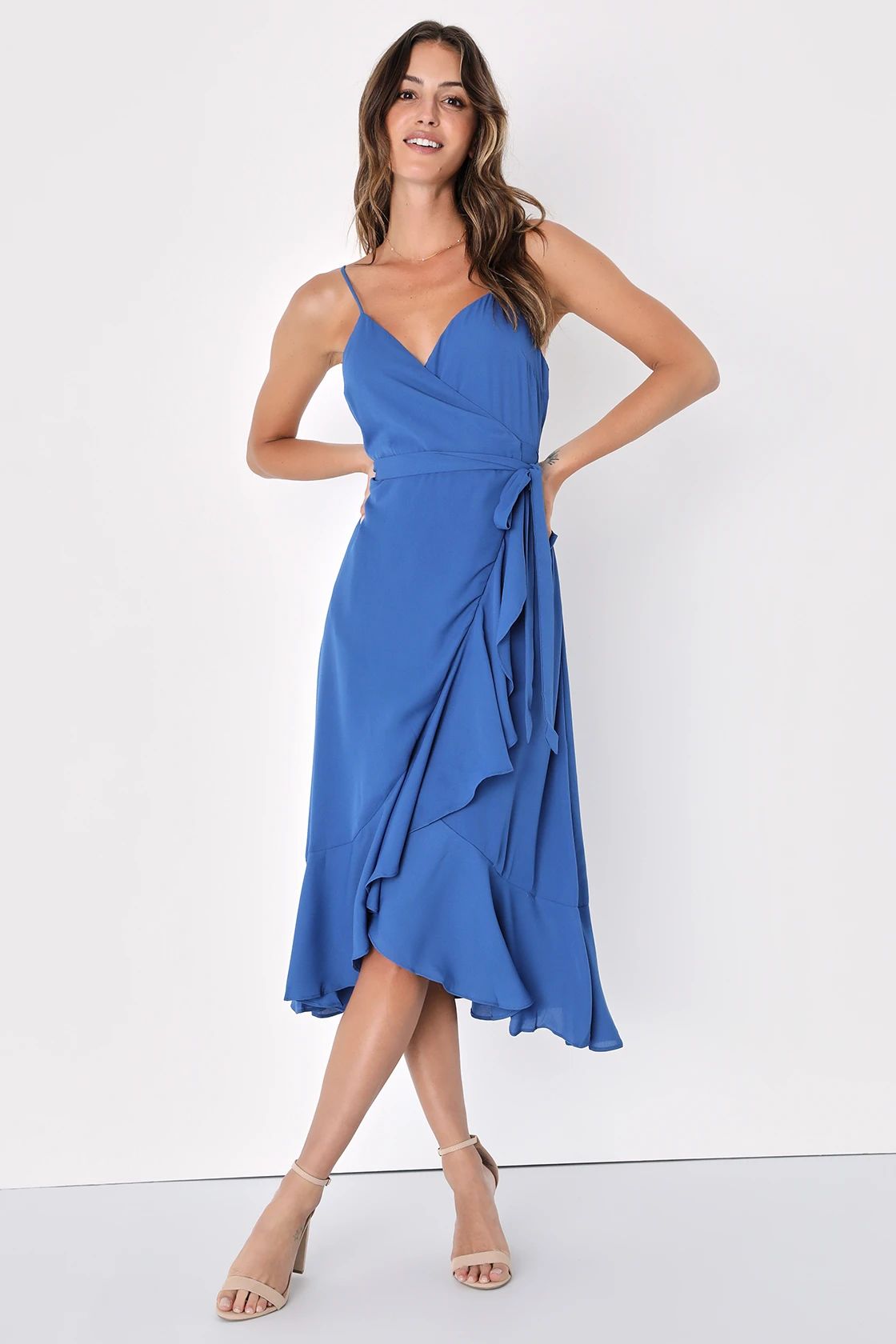 Manhattan Moment Blue Ruffled Midi Wrap Dress | Lulus (US)