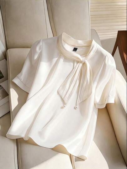 GlowEve CURVE Plus Size Women's Bow Satin Shirt Women's Summer New Temperament Loose White Pullov... | SHEIN