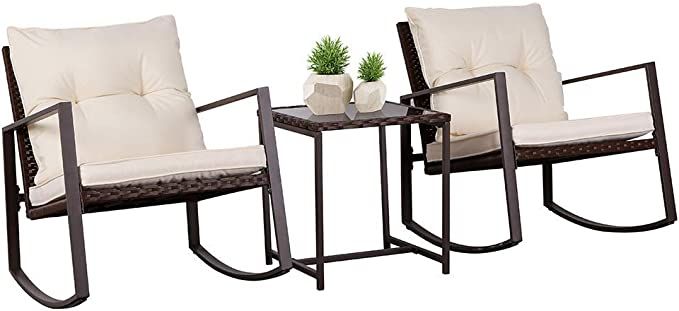 SUNCROWN Outdoor Patio Furniture 3-Piece Bistro Set Brown Wicker Rocking Chair - Two Chairs with ... | Amazon (US)