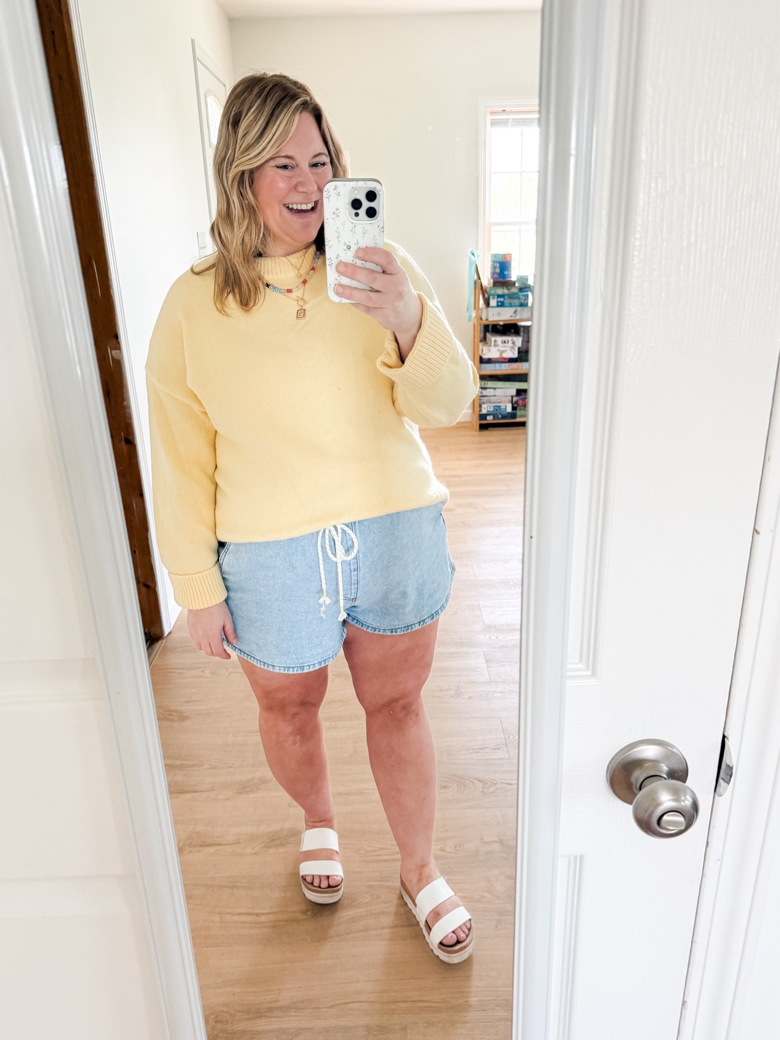 Wearing an XL in my sweater and an xXL in my drawstring denim shorts

#LTKootd #LTKBump #LTKmomlife