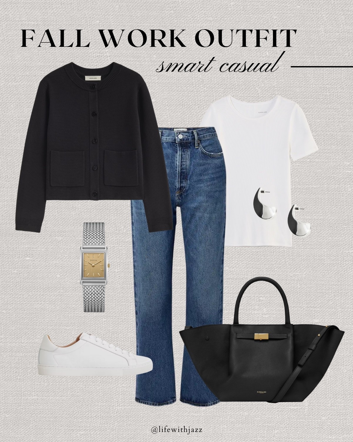Fall work capsule outfit 

Fall capsule / office outfit / smart casual style/ short black sweater cardigan / blue ankle jeans / Demellier tote / white sneakers 

#LTKStyleTip #LTKWorkwear