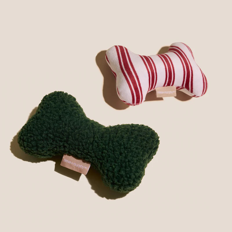 8" Green Sherpa + 6" Red Striped Bone Shaped Plush Toy | Reese + Murphy LLC