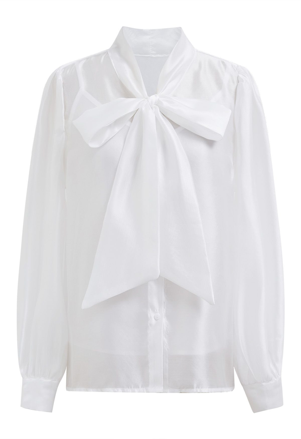 Elegant Bowknot Puff Sleeves Sheer Shirt in White | Chicwish