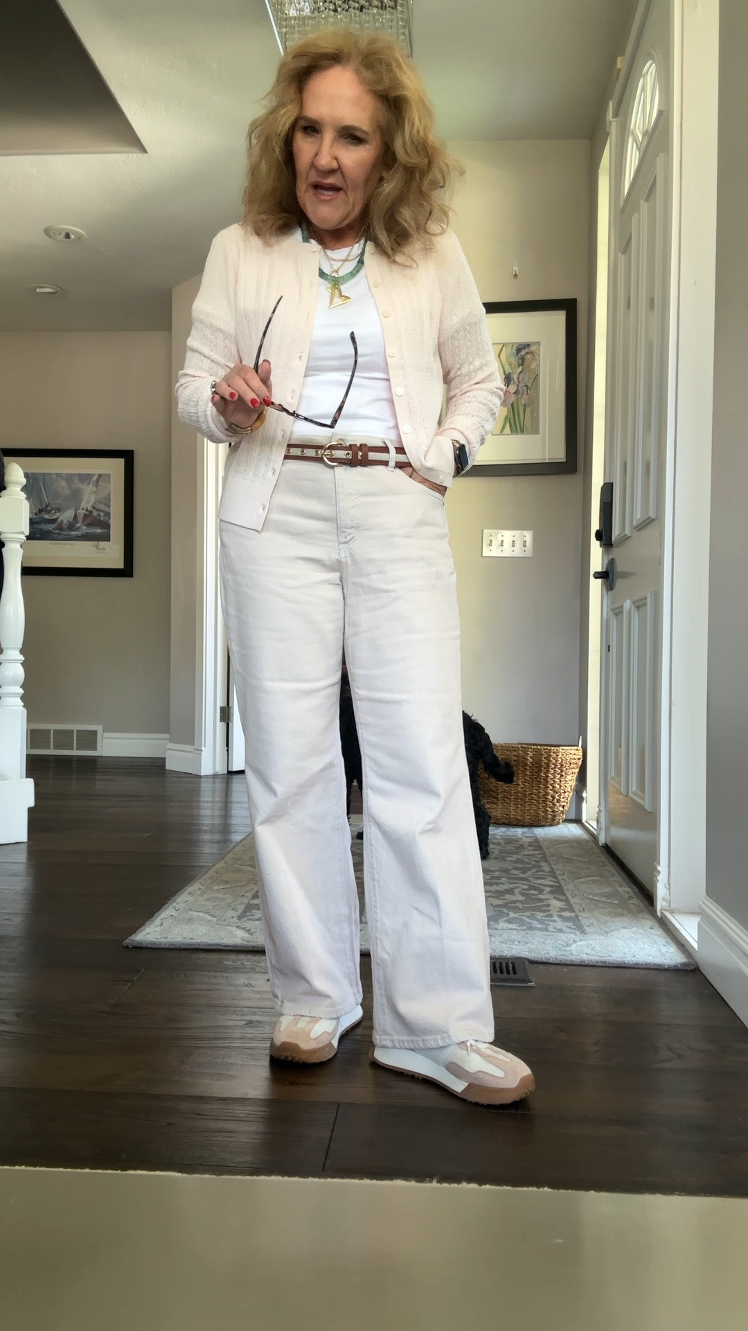 Loft 50% off sale 
Very subtle faded blush jeans size 29 petite 
Pointelle cardigan super lightweight size medium linking a white since I think the blush is soldout 
Quince white tshirt size large
Sam Edelman sneakers tts 
Love my Allie + Bess pieces. These new pale green pieces are gorgeous beads! 

#LTKOver40 #LTKFindsUnder50 #LTKSaleAlert