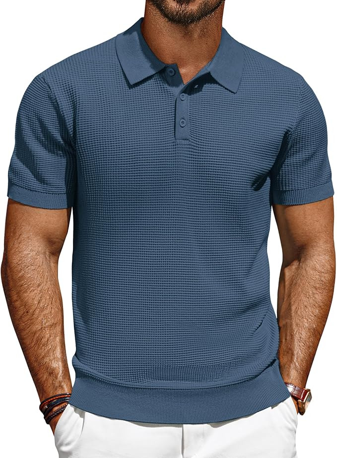 PJ PAUL JONES Polo Shirts for Men Short Sleeve Knit Waffle Texture Casual Dress Polo Golf Shirt | Amazon (US)