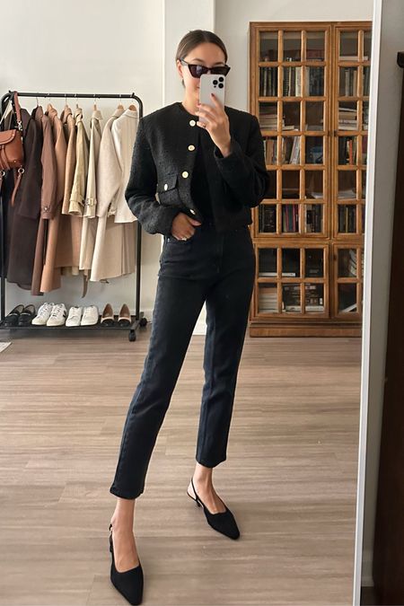 Abercrombie smart casual workwear outfit - 20% off during LTK sale 

•seamless black bodysuit 
•ultra high rise black ankle jeans 
•tweed jacket 
•Slingback heels 

#LTKSeasonal #LTKstyletip #LTKworkwear