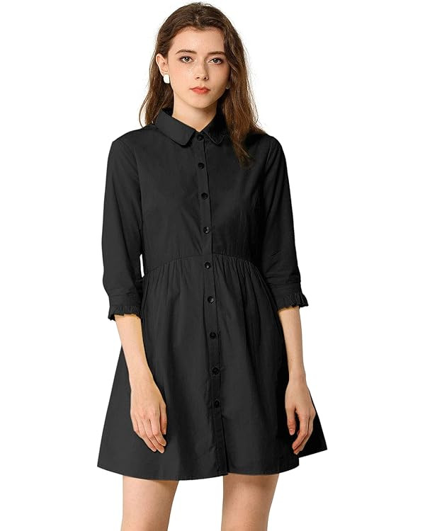 Allegra K Women's Casual Shirt Dress Ruched 3/4 Sleeve Button Up Mini Dresses | Amazon (US)